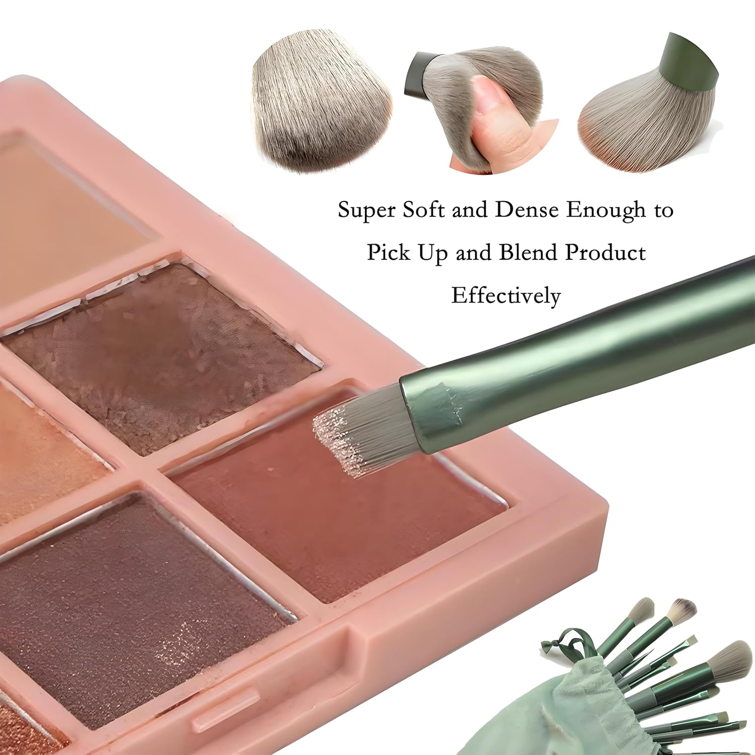 13-Piece Makeup Brush Set with Green Portable Bag for Foundation, Powder, and Blush - Image 2