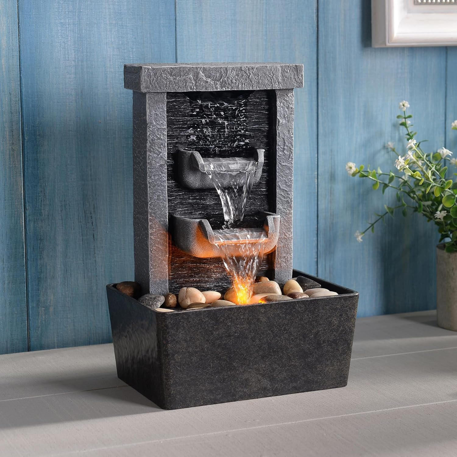 GOSSI 10.3 inch Indoor Waterfall Fountain with Reflective Lighting and River Rocks for Home and Office Decor - Image 6