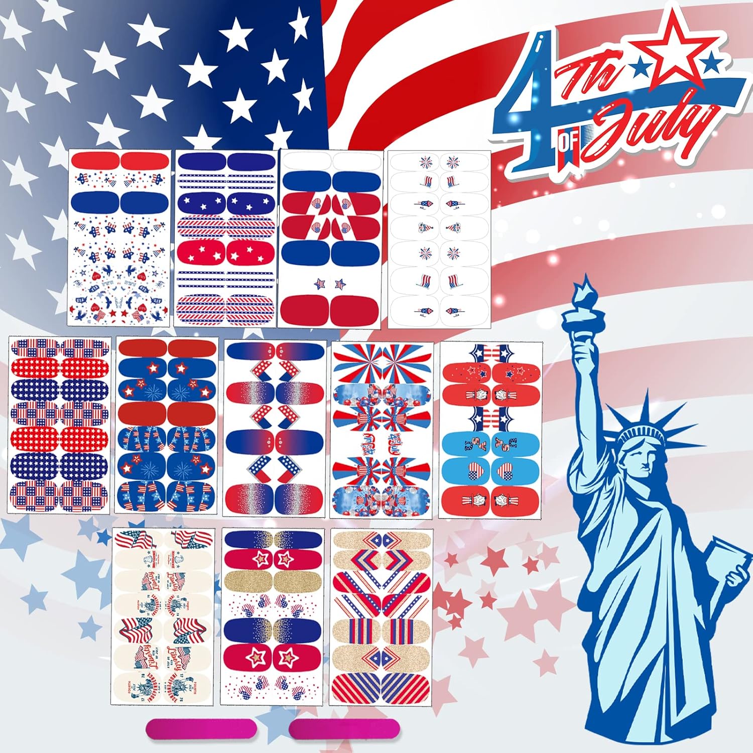 12 Sheets of 4th of July Nail Wraps Stickers with American Flag Design and Nail Files - Image 7