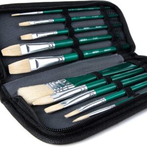 ARTIFY 10 Pieces Paint Brush Set, Intermediate Series, Includes a Carrying Case, Premium Hog Bristle Brushes for Acrylic and Oil Painting (Green - Hog Bristle)