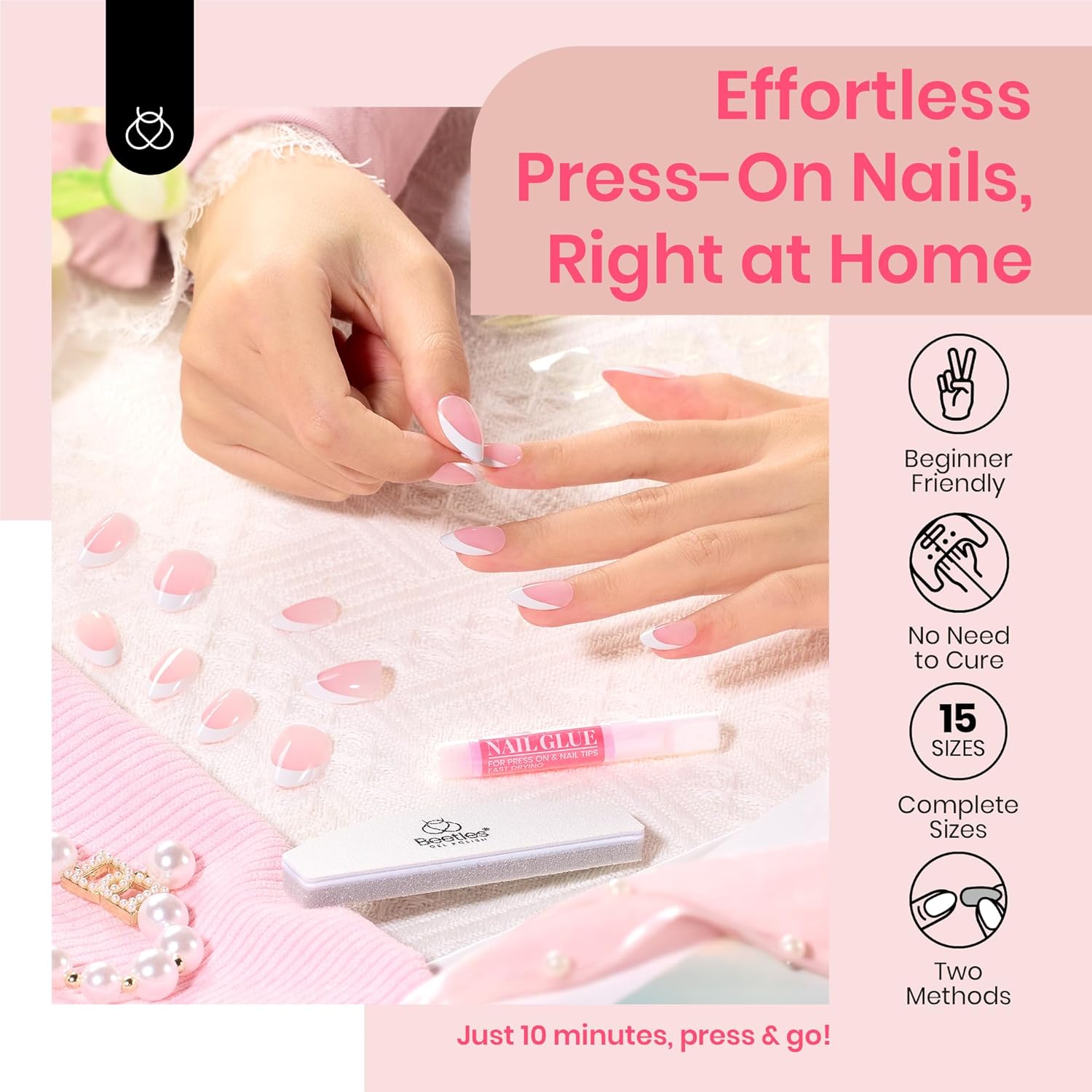 Beetles 60 Pc Brown French Tip Press On Nails - 15 Sizes, Reusable Acrylic - Image 7