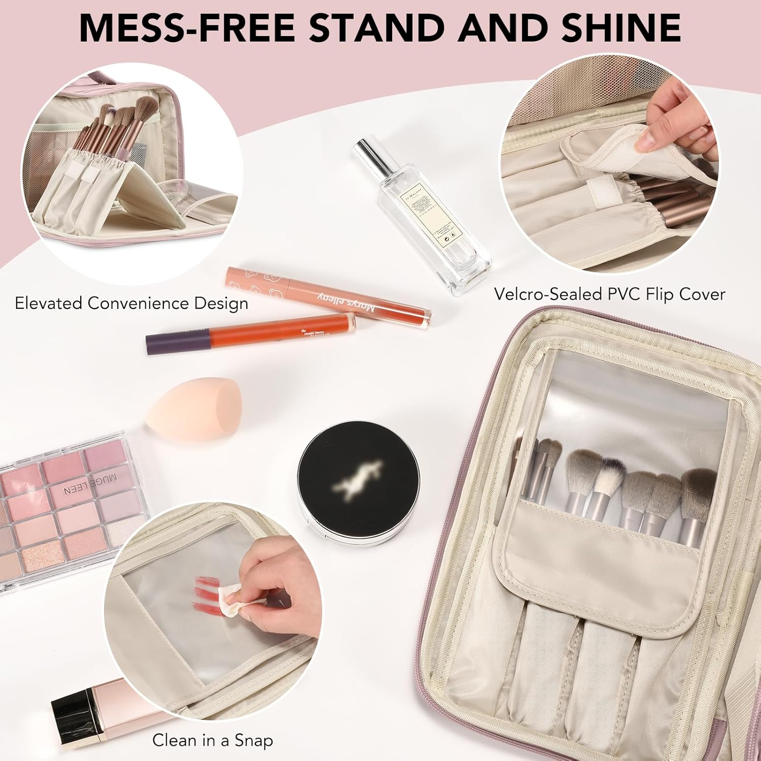Large Capacity Pink Waterproof Travel Makeup Bag with Vertical Brush Holder - Image 3