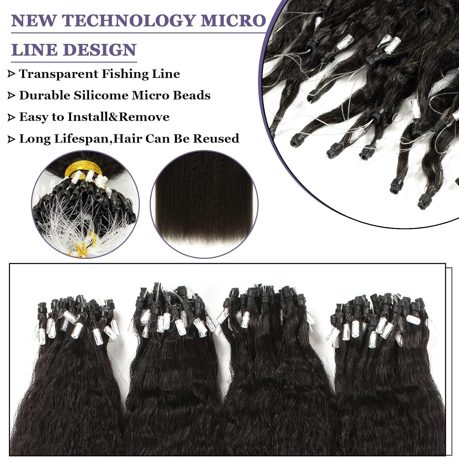 Anrosa 18 Inch Kinky Straight Micro Links Hair Extensions for Black Women, Natural Black Color - Image 4