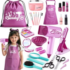 G.C Hair Salon Toys for Girls Kids Pretend Play Makeup Hair Styling Set with Realistic Blow Dryer Curling Iron Stylist Apron Accessories Beauty Salon Playset Birthday Gifts for Toddler Girls 3 4 5 6+