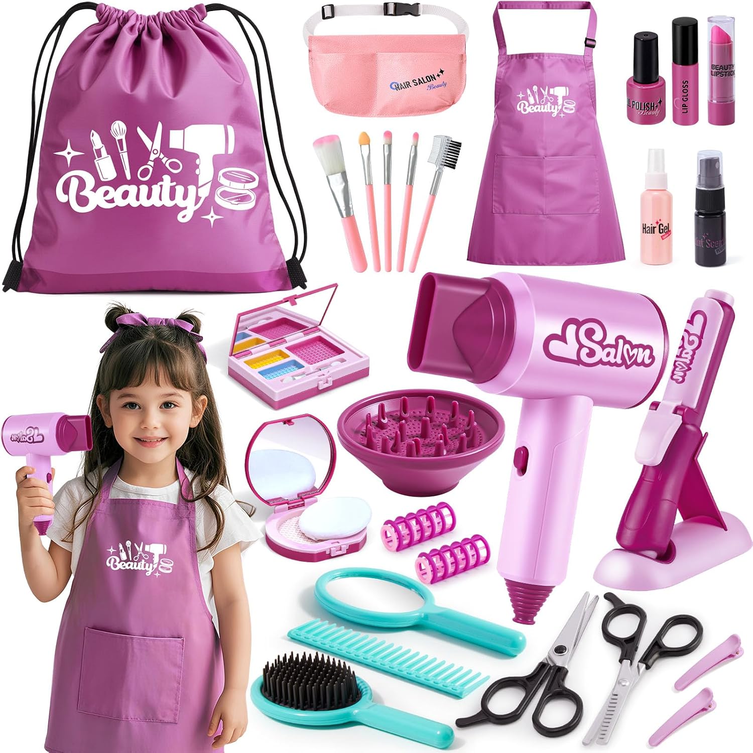 G.C Hair Salon Toys for Girls Kids Pretend Play Makeup Hair Styling Set with Realistic Blow Dryer Curling Iron Stylist Apron Accessories Beauty Salon Playset Birthday Gifts for Toddler Girls 3 4 5 6+