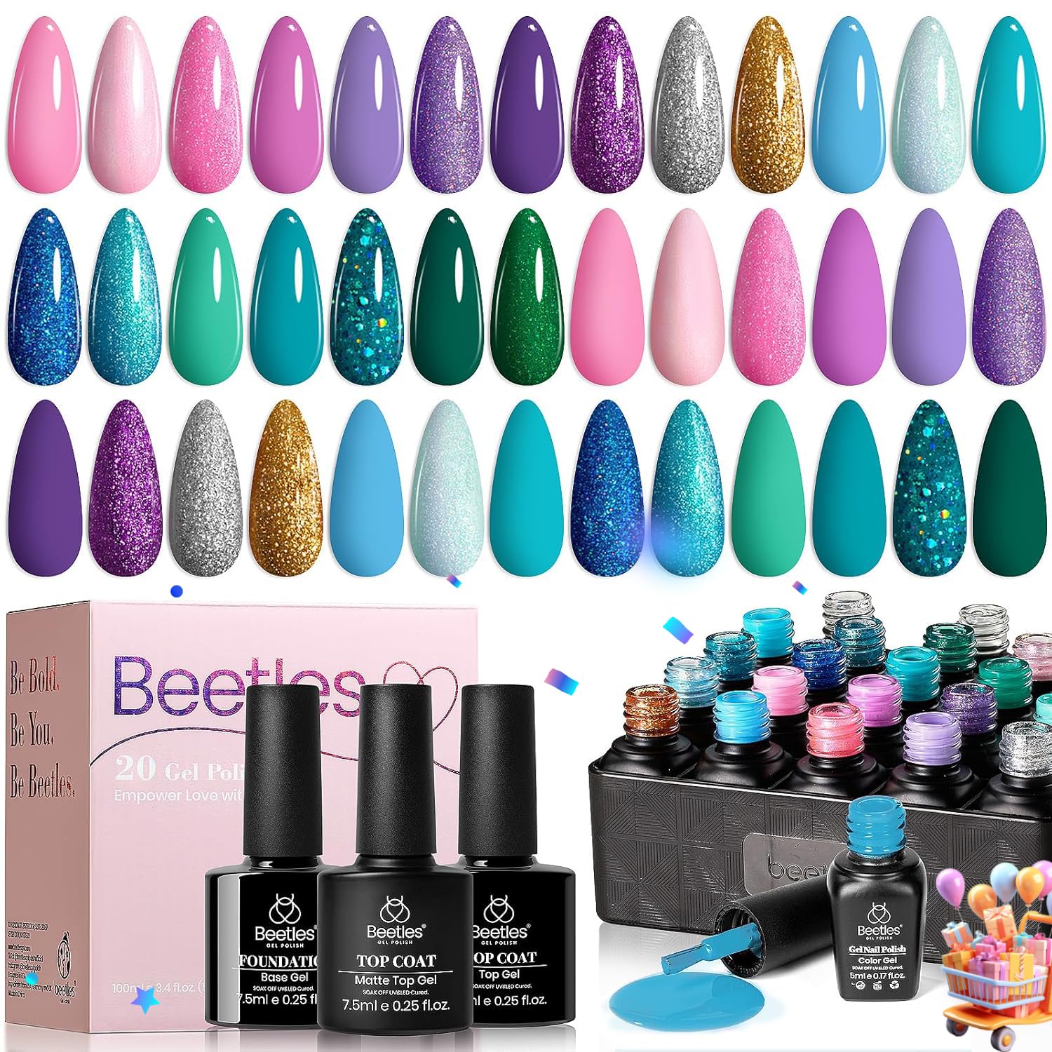 Beetles Summer Mermaid Gel Nail Polish Set, 20 Colors Blue Green Pink Purple Shimmery Glitter Summer Gel Polish Kit with Base Top Coat Soak off Uv Nail Art Gift for Girls