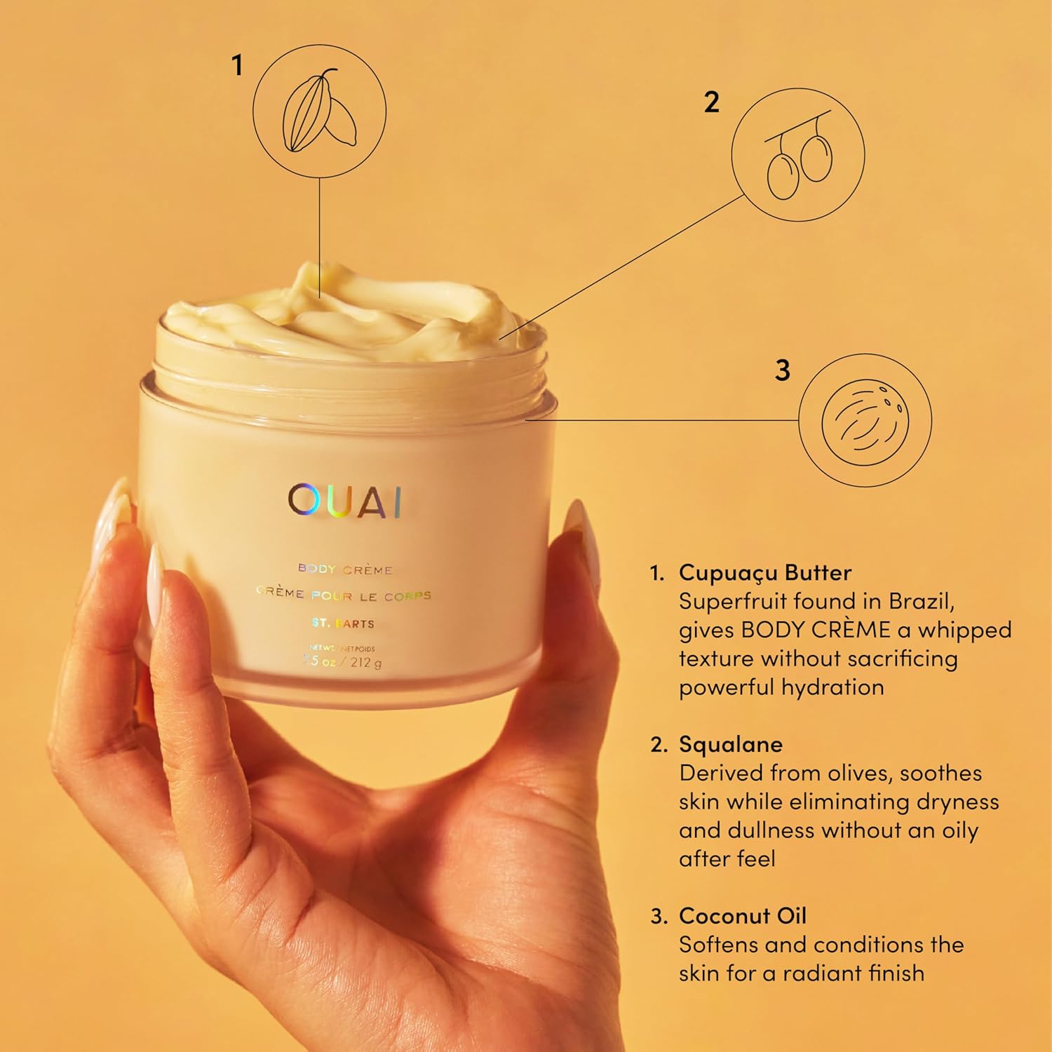 OUAI St. Barts 7.5 Oz Hydrating Whipped Body Cream with Cupuaçu Butter and Coconut Oil - Image 3