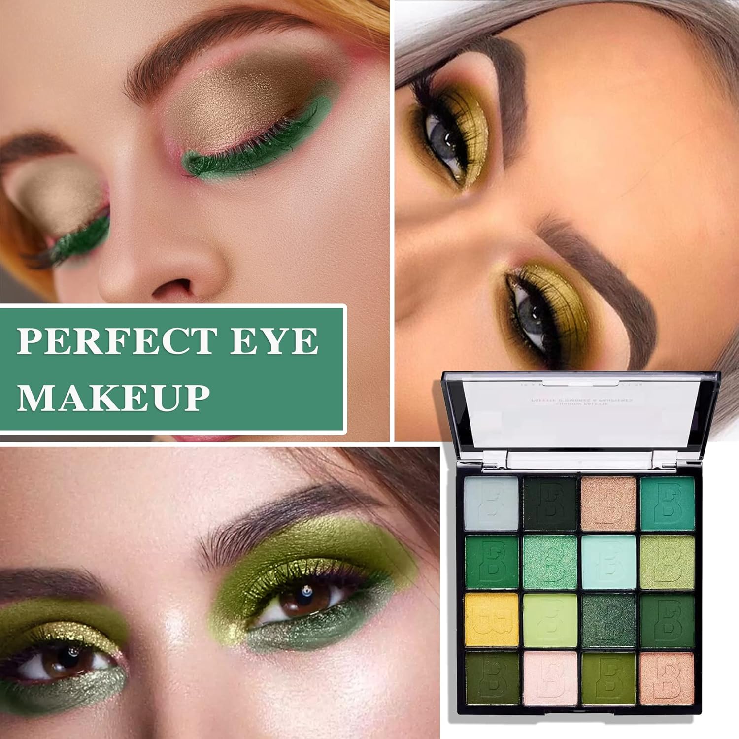 16-Color Green Shimmer Eyeshadow Palette Waterproof Matte Metallic Makeup Powder Set - Image 7