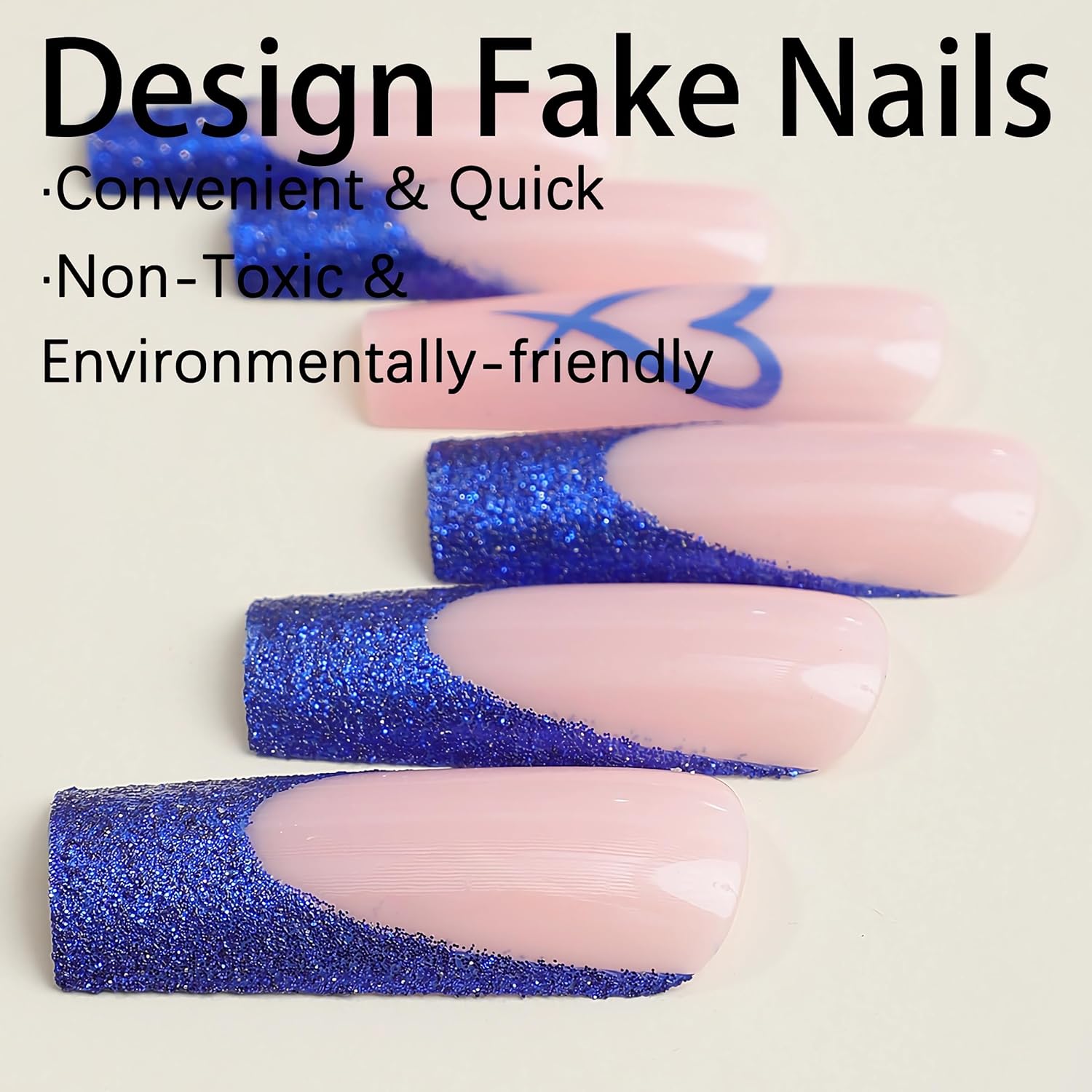 BABALAL 24 Piece Long Square Blue French Tip Glitter Heart Press On Nails Set - Image 2