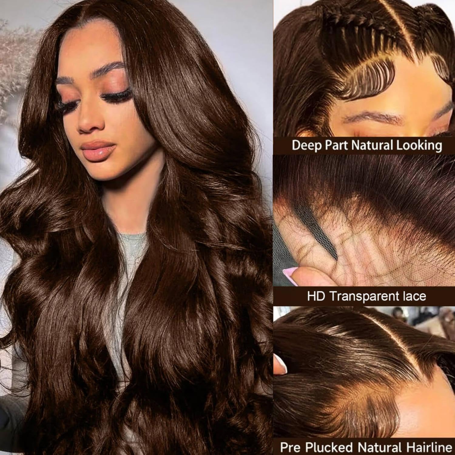 30 Inch Chocolate Brown Body Wave HD Human Hair Lace Front Wig 200 Density - Image 2