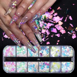 12Grids Nail Art Glitter Sequins Irregular Colorful Fluorescent Glass Sequins for Acrylic Nail,Holographic Nail Glitter Supplies for Face Make-up Decor Manicure Tips Make Up DIY Nail Decoration