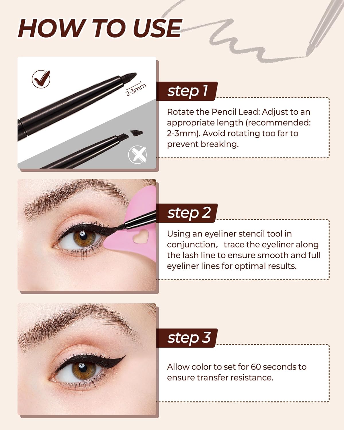 Nude Retractable Gel Eyeliner Pencil with Built-in Sharpener and Stencil Tool, 0.05 oz - Image 8