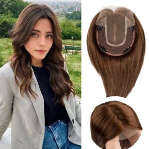JIAJIA Teresa Lace Front Hair Topper, Mono Human Hair Toppers 130% Density Hand Made Tied Top Hairpiece For Women, Clip In Hair Volume (12 Inch, 4#)
