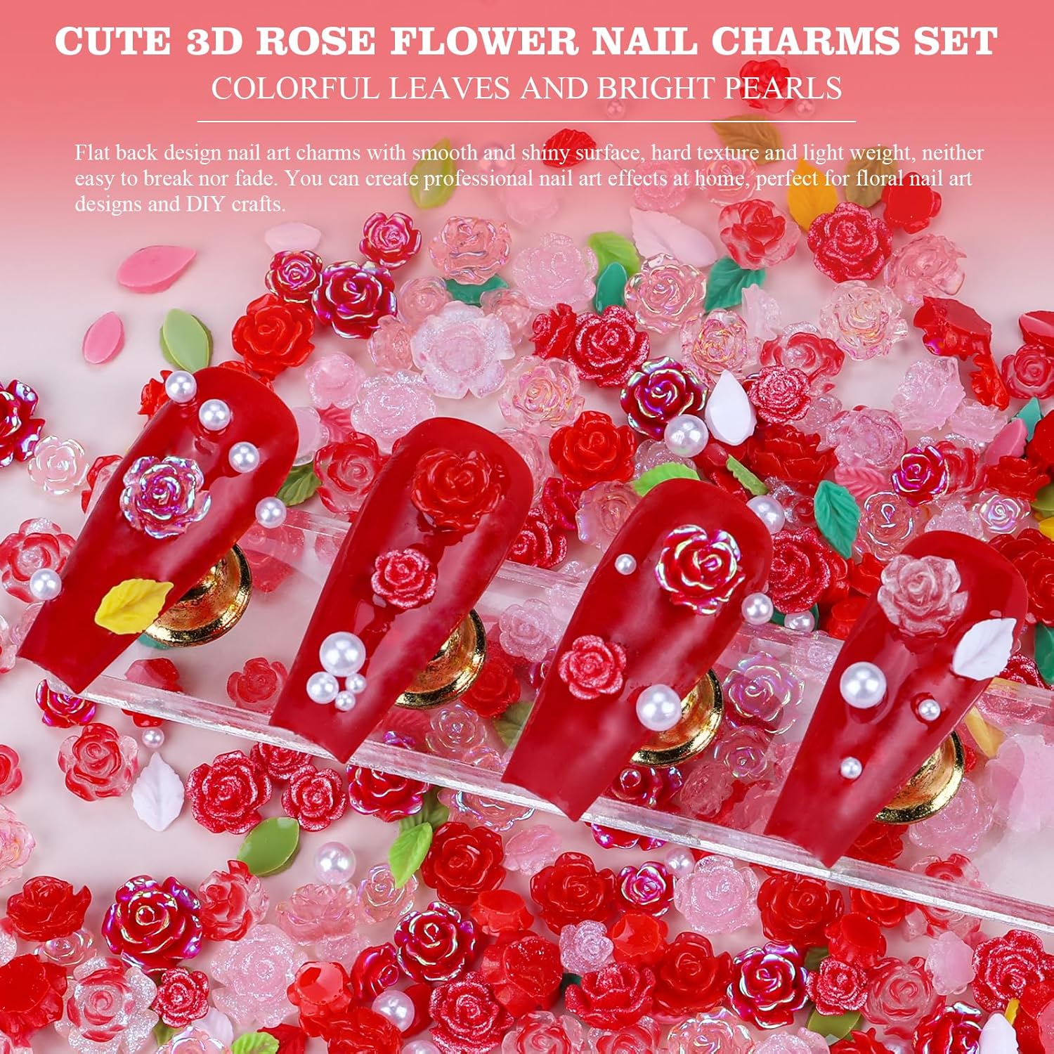 400 Pieces Red Camellia Flower Nail Charms with White Pearls for Nail Art Design - Image 6