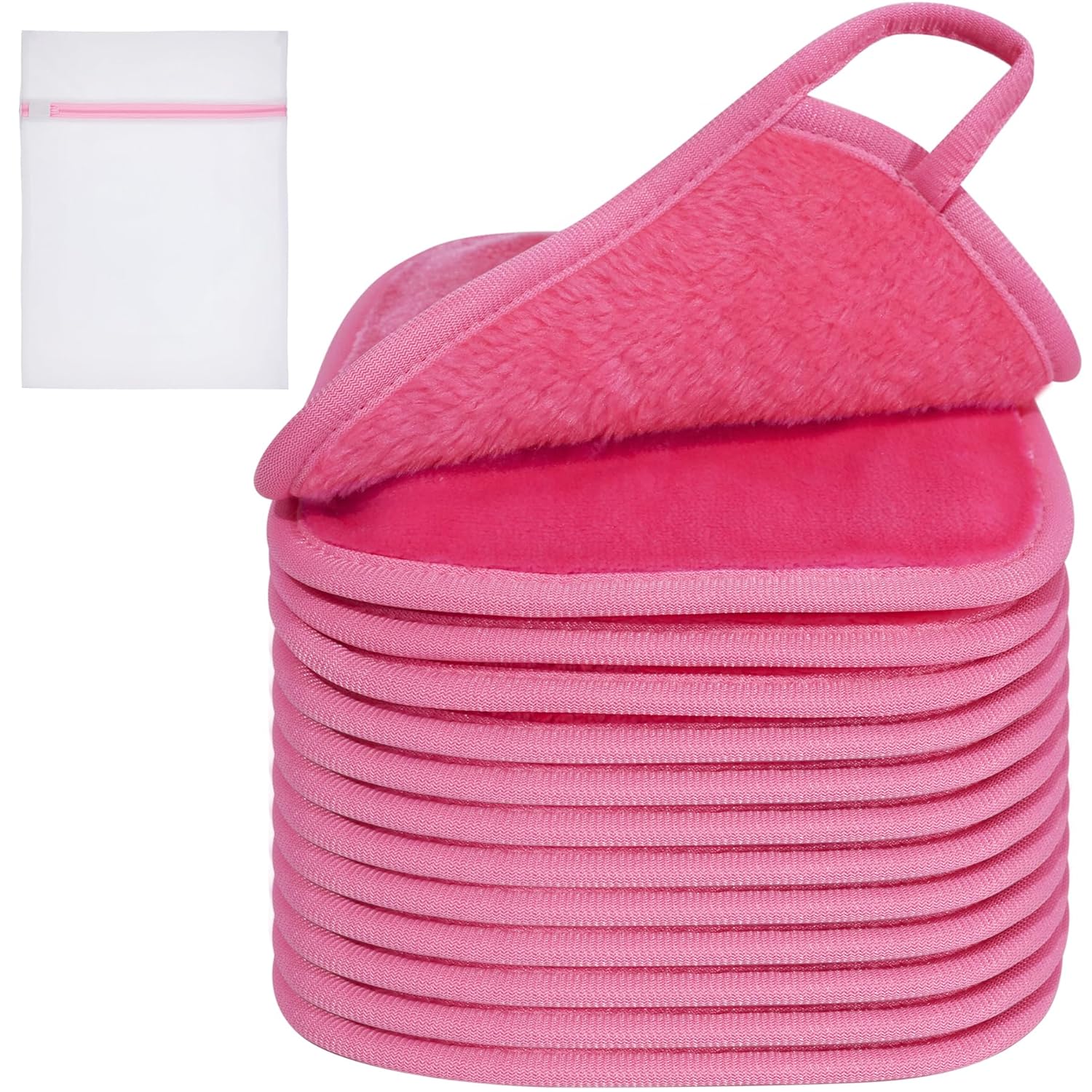 KODAMO Makeup Remover Cloth, Reusable Makeup Remover Pads Washable Travel Bag, Microfiber Makeup Removal Face Wash Cloths with Just Water, Gentle Soft,12 Pack, Pink