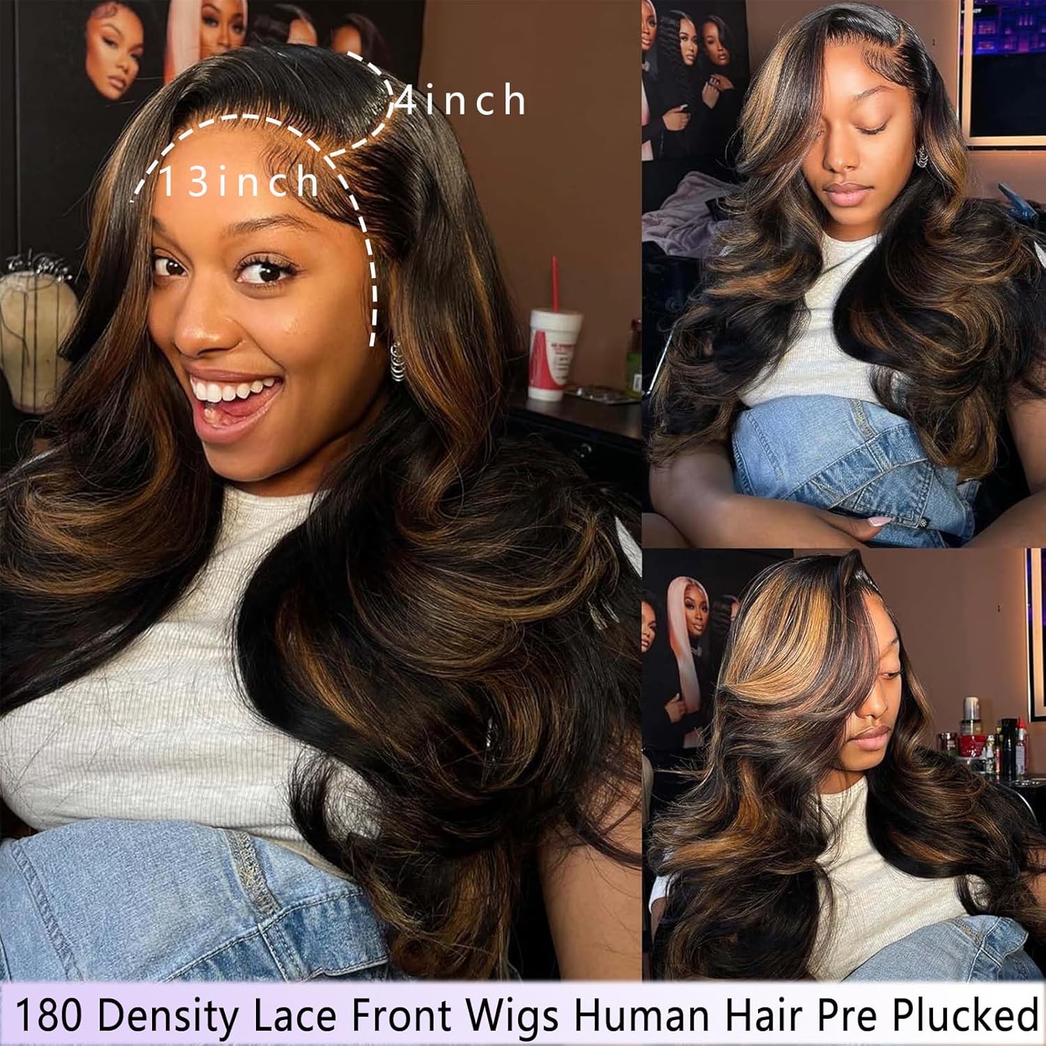 Highlight Ombre 28 Inch Body Wave Lace Front Wig Human Hair 13x4 Pre Plucked 180 Density - Image 2