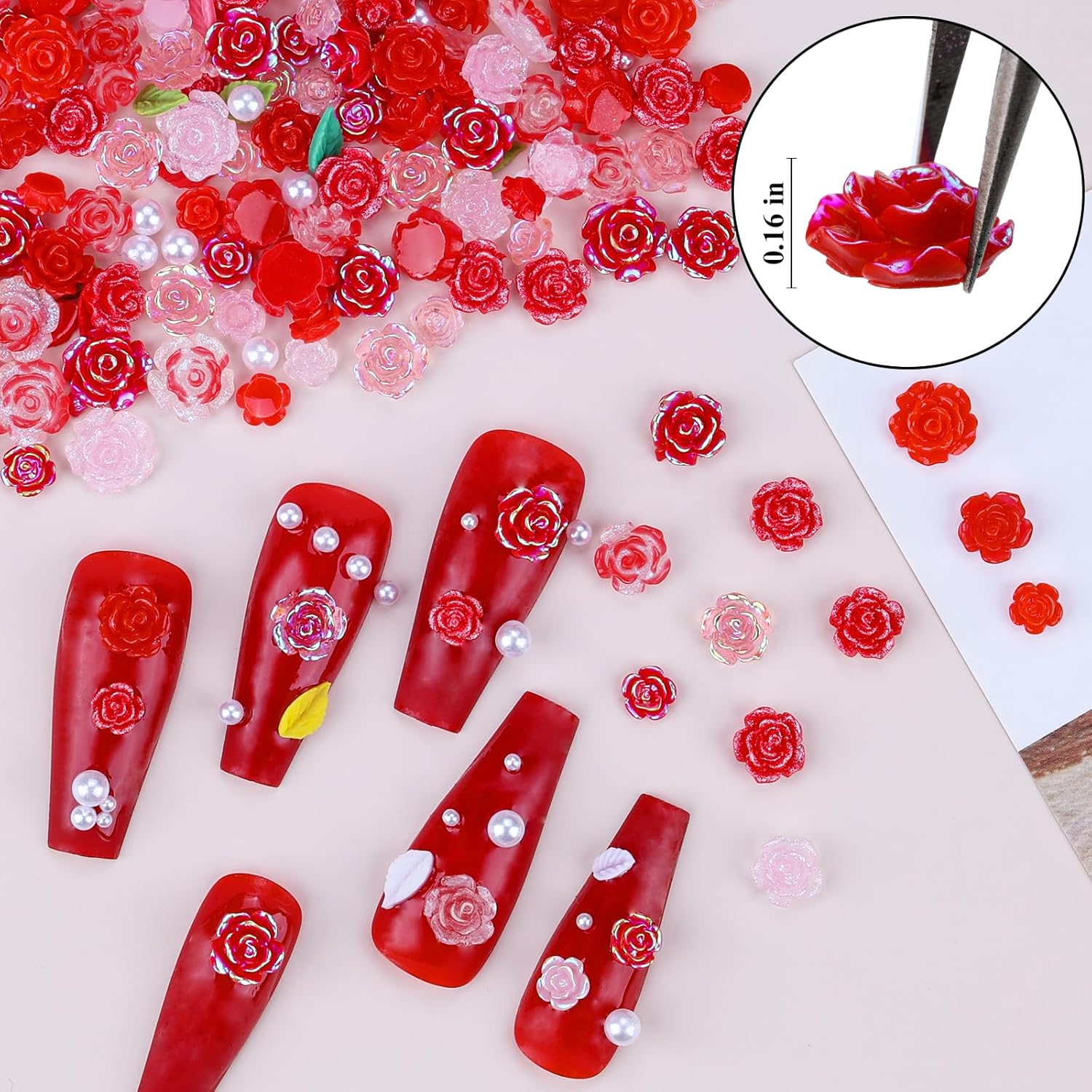 400 Pieces Red Camellia Flower Nail Charms with White Pearls for Nail Art Design - Image 4