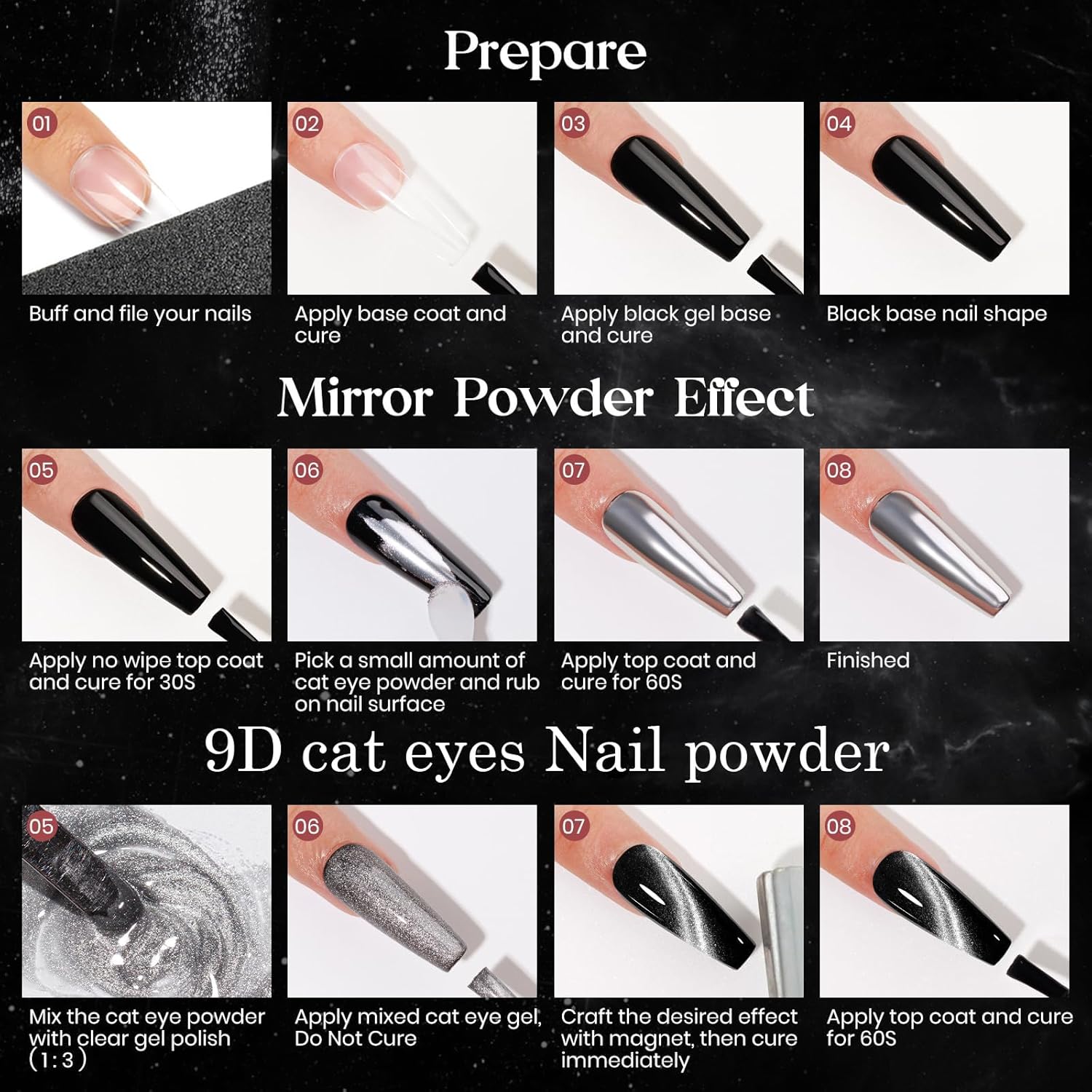 Magnetic Holographic Mirror Effect Nail Art Powder 3g Gold Chrome 9D Cat Eye - Image 7