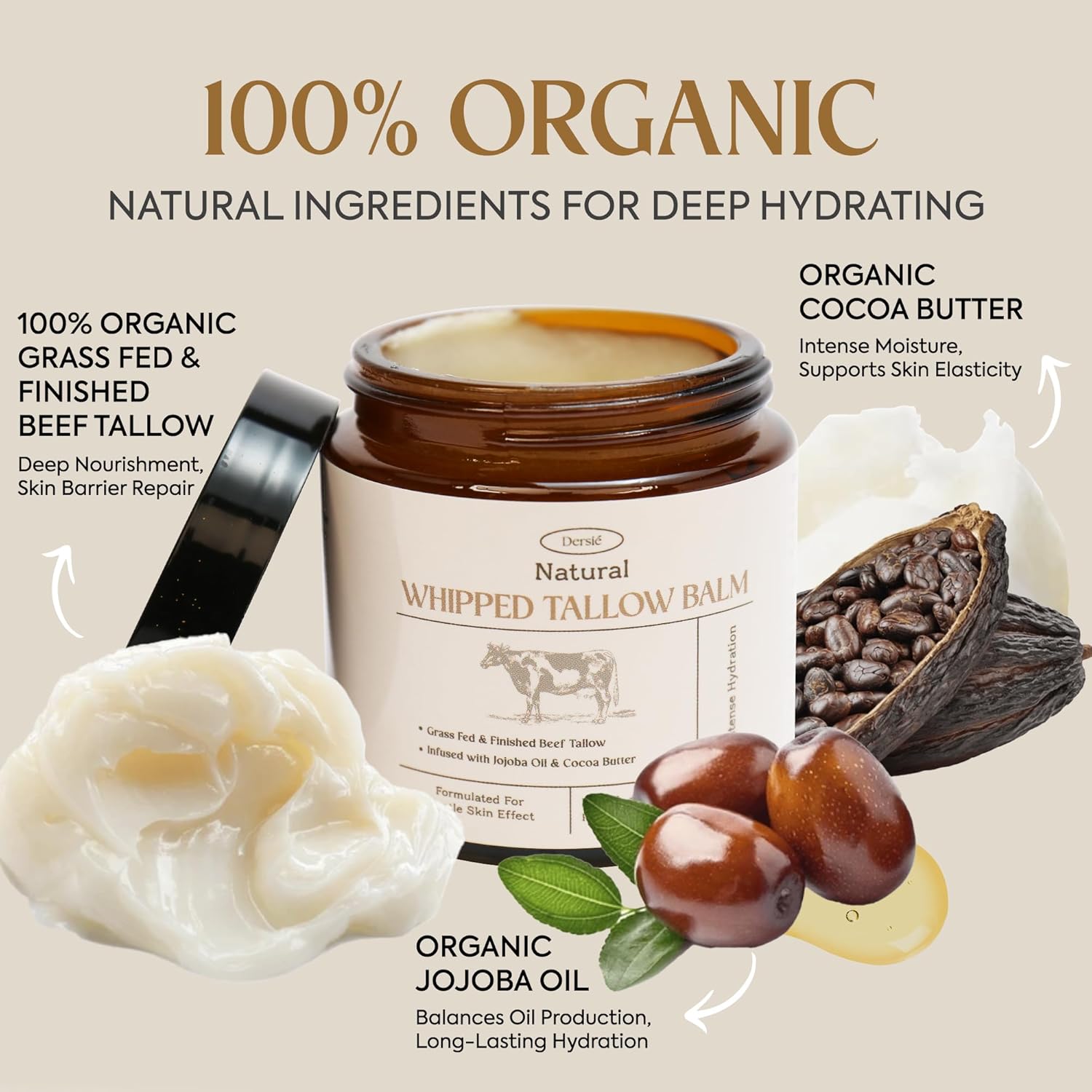 Dersie Organic Beef Tallow Balm 8 oz Deep Hydration and Anti-Aging for All Skin Types - Image 2