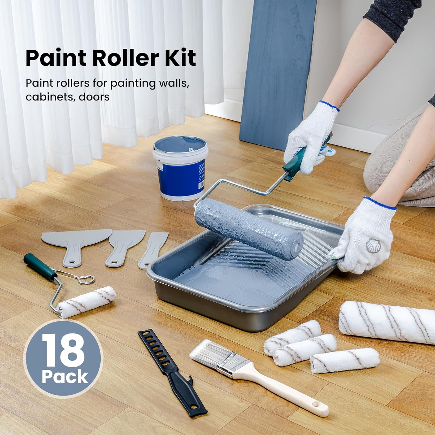 Mister Rui 18 Piece Paint Roller Kit 4-Inch and 9-Inch Rollers Tray Brush - Image 5