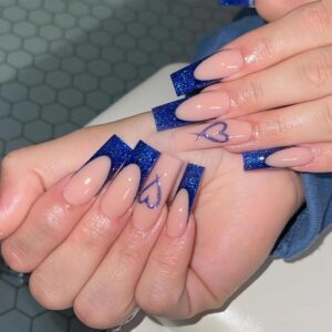 BABALAL Square Press on Nails Long Fake Nails Blue French Tip Glue on Nails Glitter Shiny Heart Design Acrylic Nails 24Pcs Squoval Manicure Artificial False Nails for Women and Girls