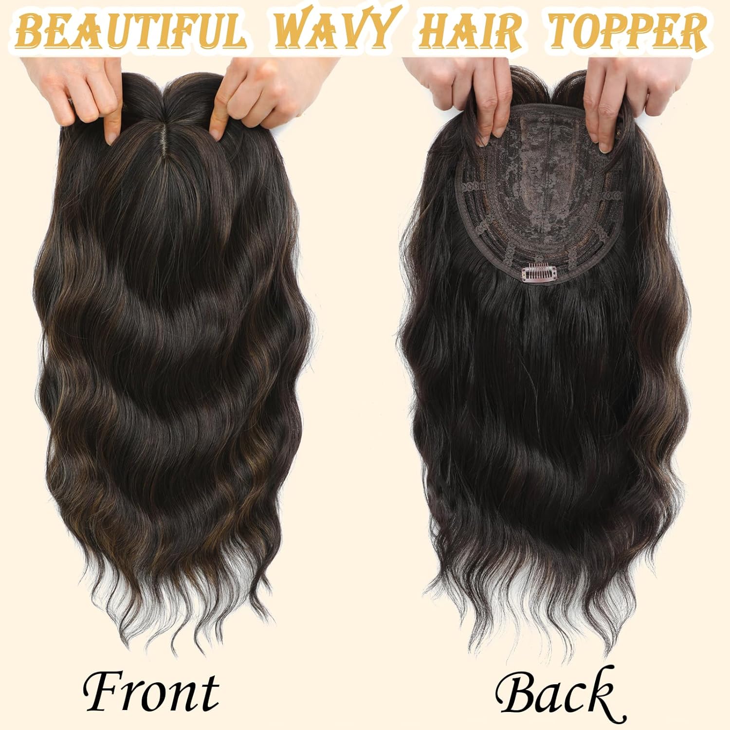 Dark Brown Mixed Chestnut 360° Curly Wavy Synthetic Hair Topper with Bangs for Thinning Hair - Image 4