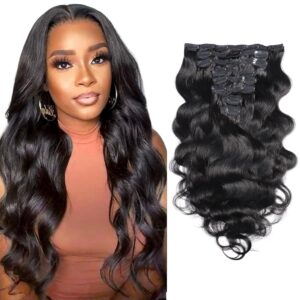 Remy Body Wave Clip Ins Extension 24 Inches 100g 8Pcs Brazilian Body Wave Clip In Human Hair Extensions For Women Human Hair Clip In Extensions 1B Natural Black (24 Inch)