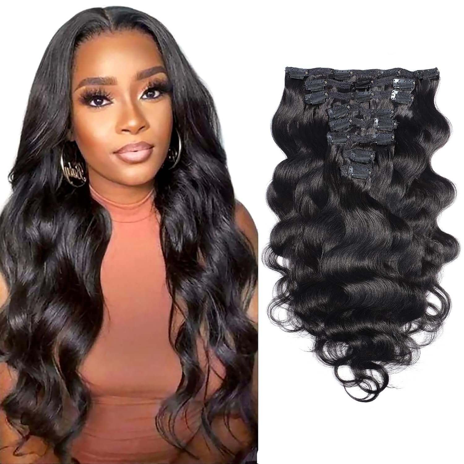 Remy Body Wave Clip Ins Extension 24 Inches 100g 8Pcs Brazilian Body Wave Clip In Human Hair Extensions For Women Human Hair Clip In Extensions 1B Natural Black (24 Inch)