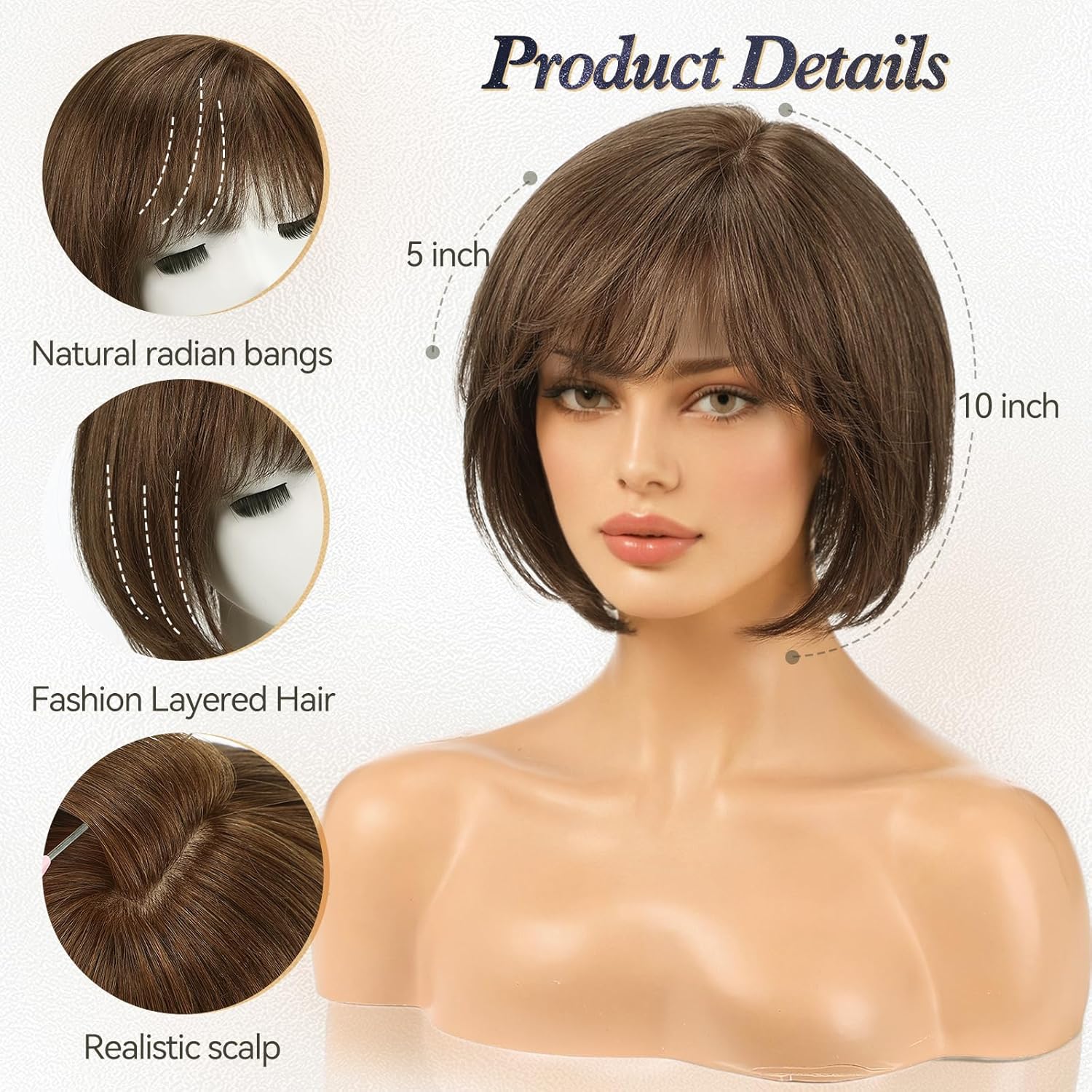 Starluck 6.5x6.5 inch Brown Short Bob Human Hair Topper with Bangs - Image 3