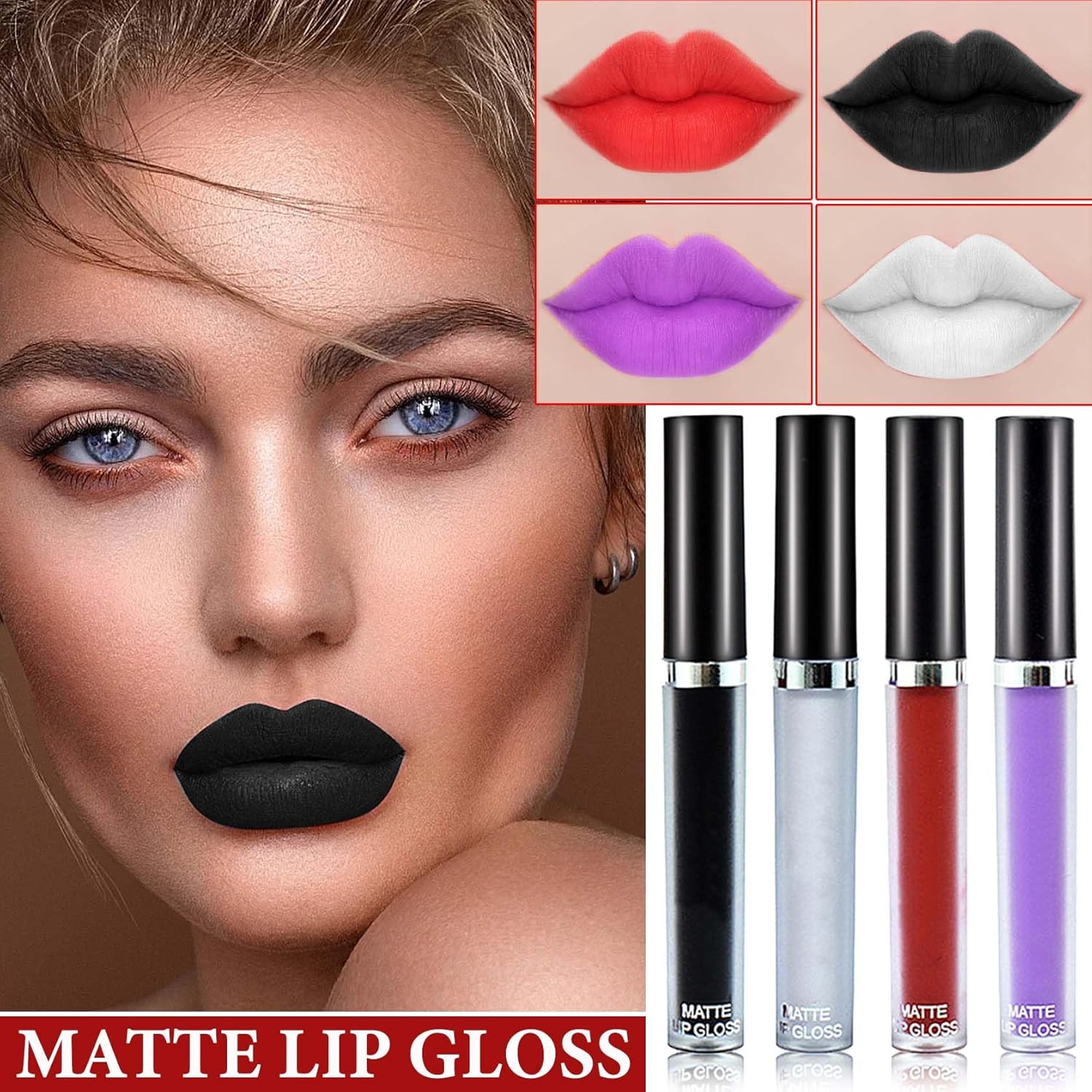 4 Pc Matte Liquid Lipstick Set Black White Red Purple Waterproof Long Lasting - Image 2