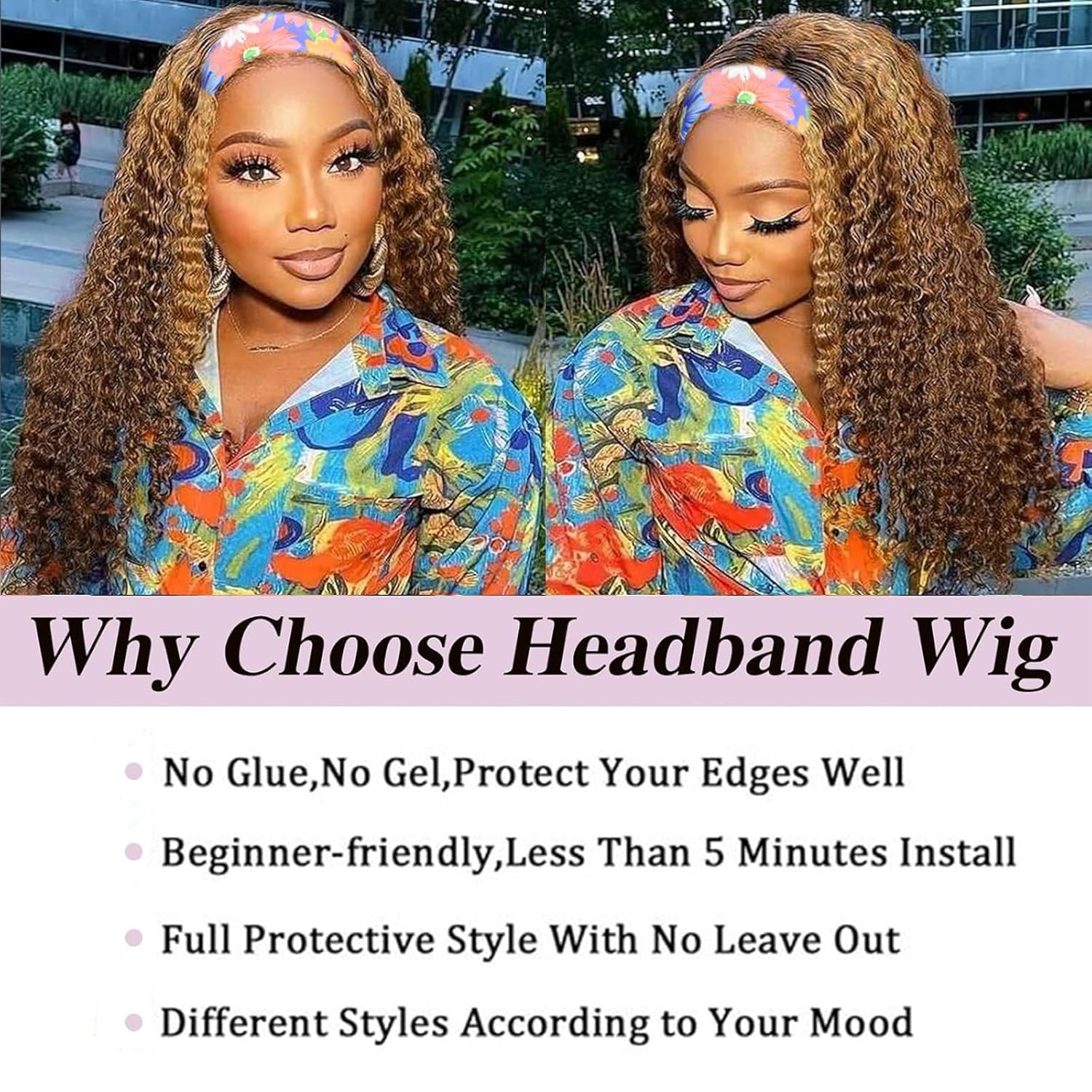 22 Inch Ombre Curly Glueless Human Hair Headband Wig for Black Women #4/27 - Image 4
