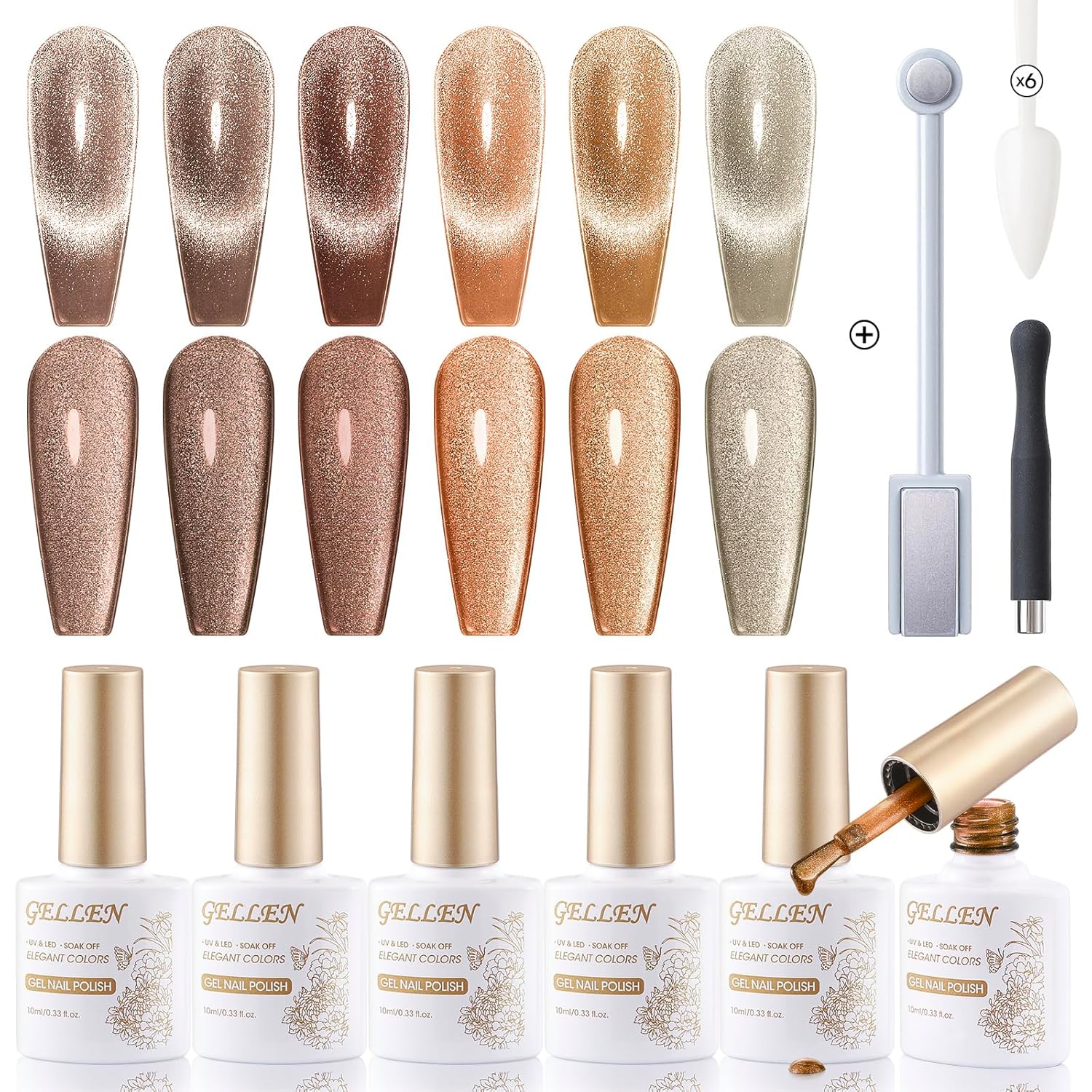 Gellen Cat Eye Gel Nail Polish Set with Magnet, Elegant Color Gel Polish Kit, Gold Brown Manicure Set, Soak Off Nail Art Design Home DIY Gel Nail, Mothers Day Gifts for Mom