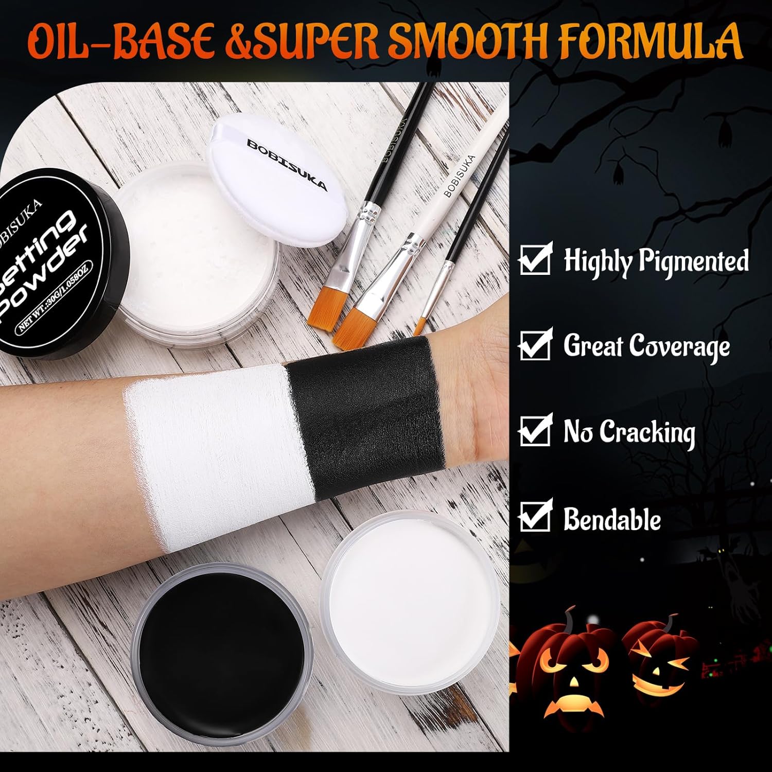 BOBISUKA Black White Face Body Paint Kit with Setting Powder 3 Brushes Adult Size - Image 5