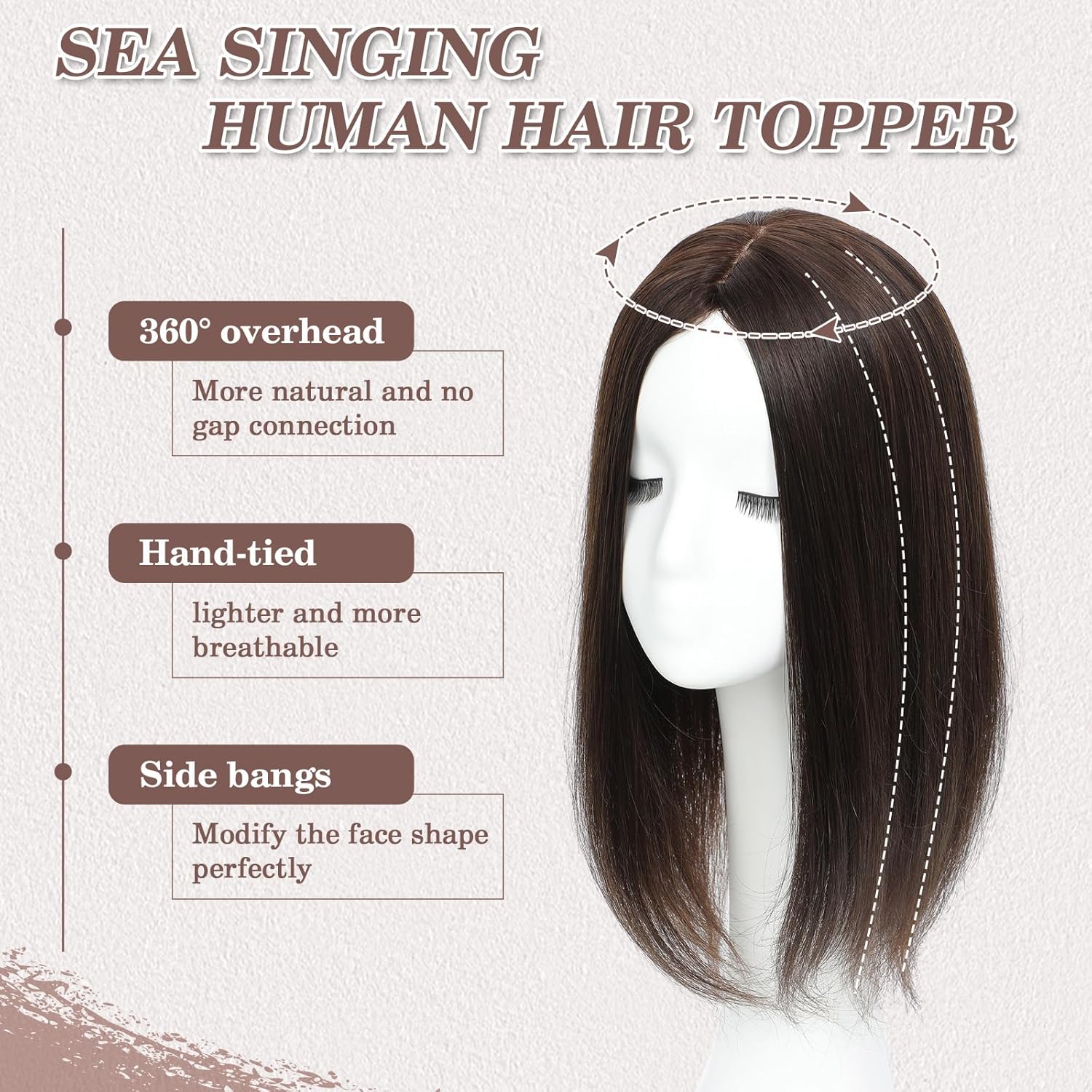 15 Inch Natural Black Human Hair Topper for Women, 8x7.5 Inch Big Base, No Bangs - Image 2
