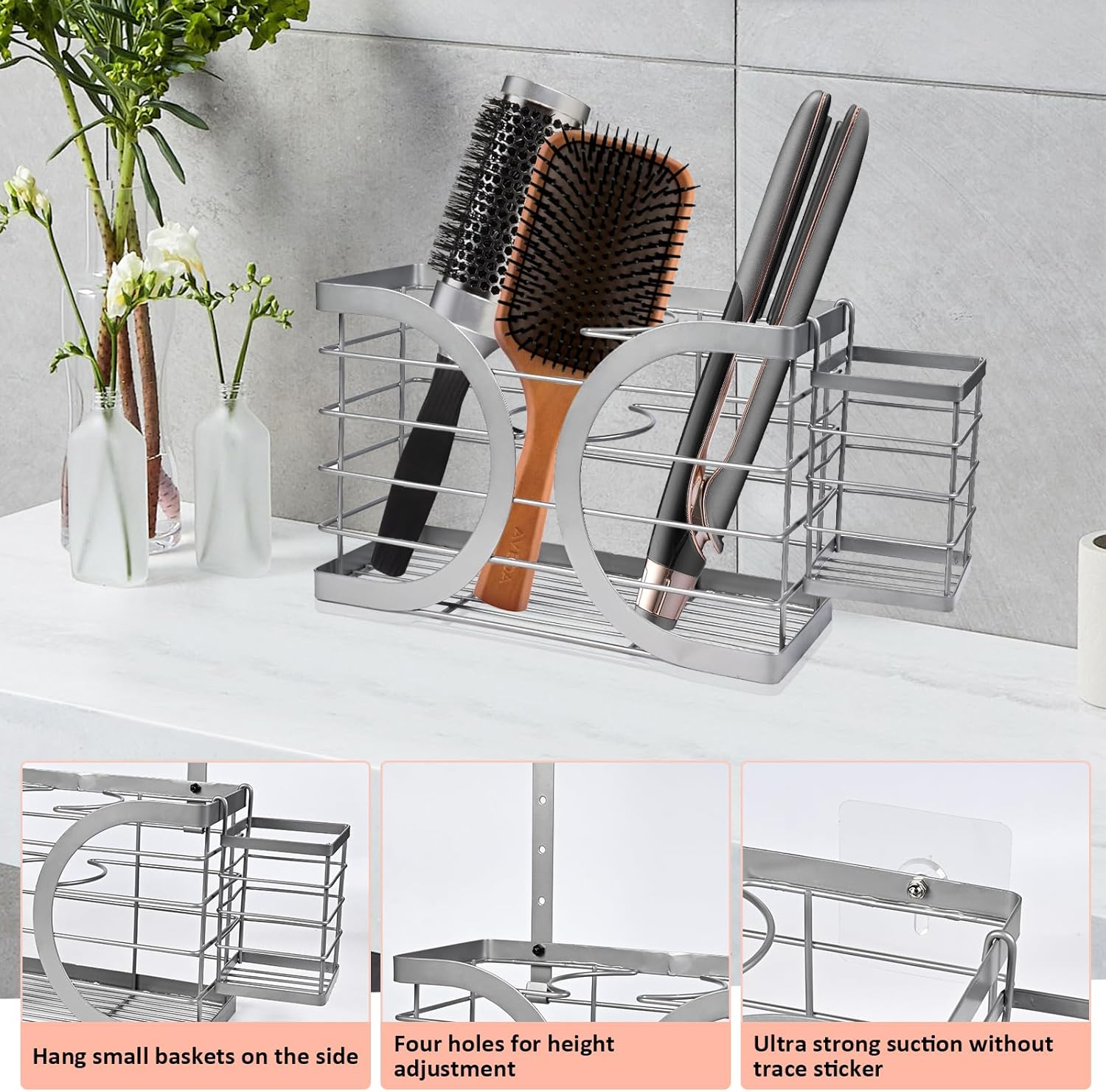 Light Gray Elegant Wall Mounted Hair Dryer Holder Bathroom Organizer for Dryer, Straightener, Brushes - Image 4