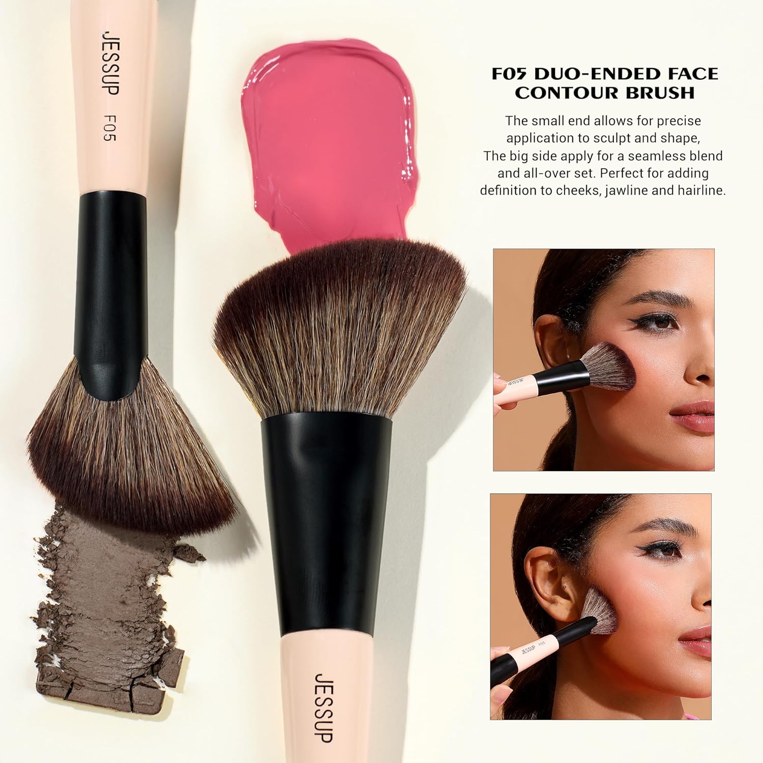 Jessup 3-Piece Travel Makeup Brush Set with Double-Sided Contour Eyeshadow Brushes - Image 3