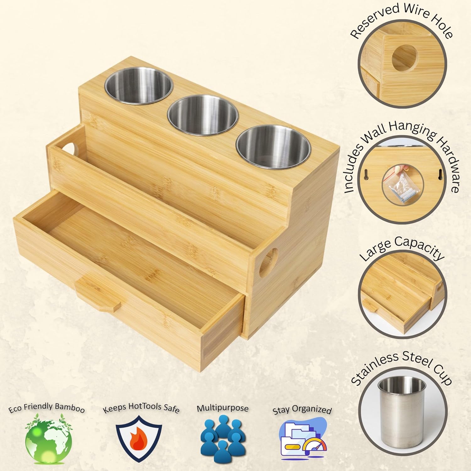 Bamboo Bathroom Vanity Countertop Blow Dryer Organizer Holder Storage - Image 3