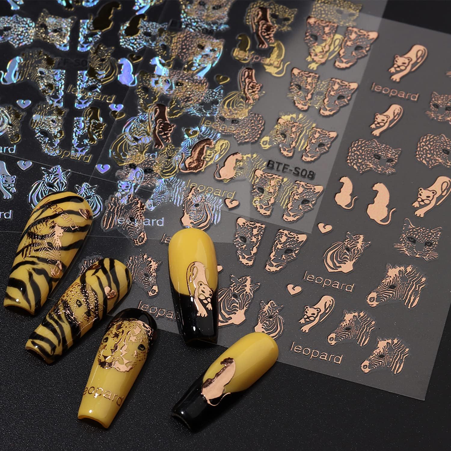 Rose Gold Nail Art Stickers Set - Leopard, Butterfly, Moon, Stars, Heart Designs - Image 6