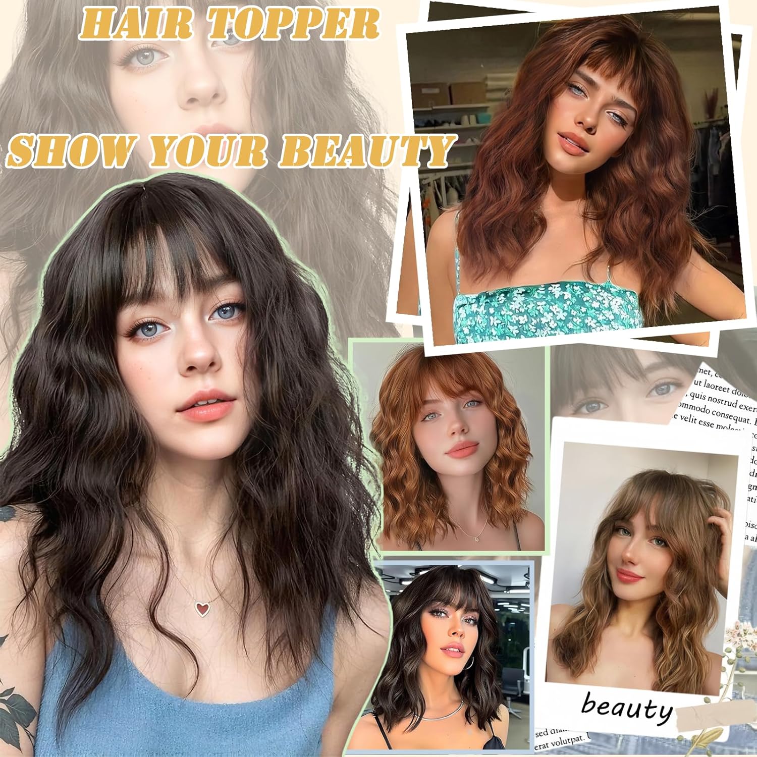 Dark Brown Mixed Chestnut 360° Curly Wavy Synthetic Hair Topper with Bangs for Thinning Hair - Image 8