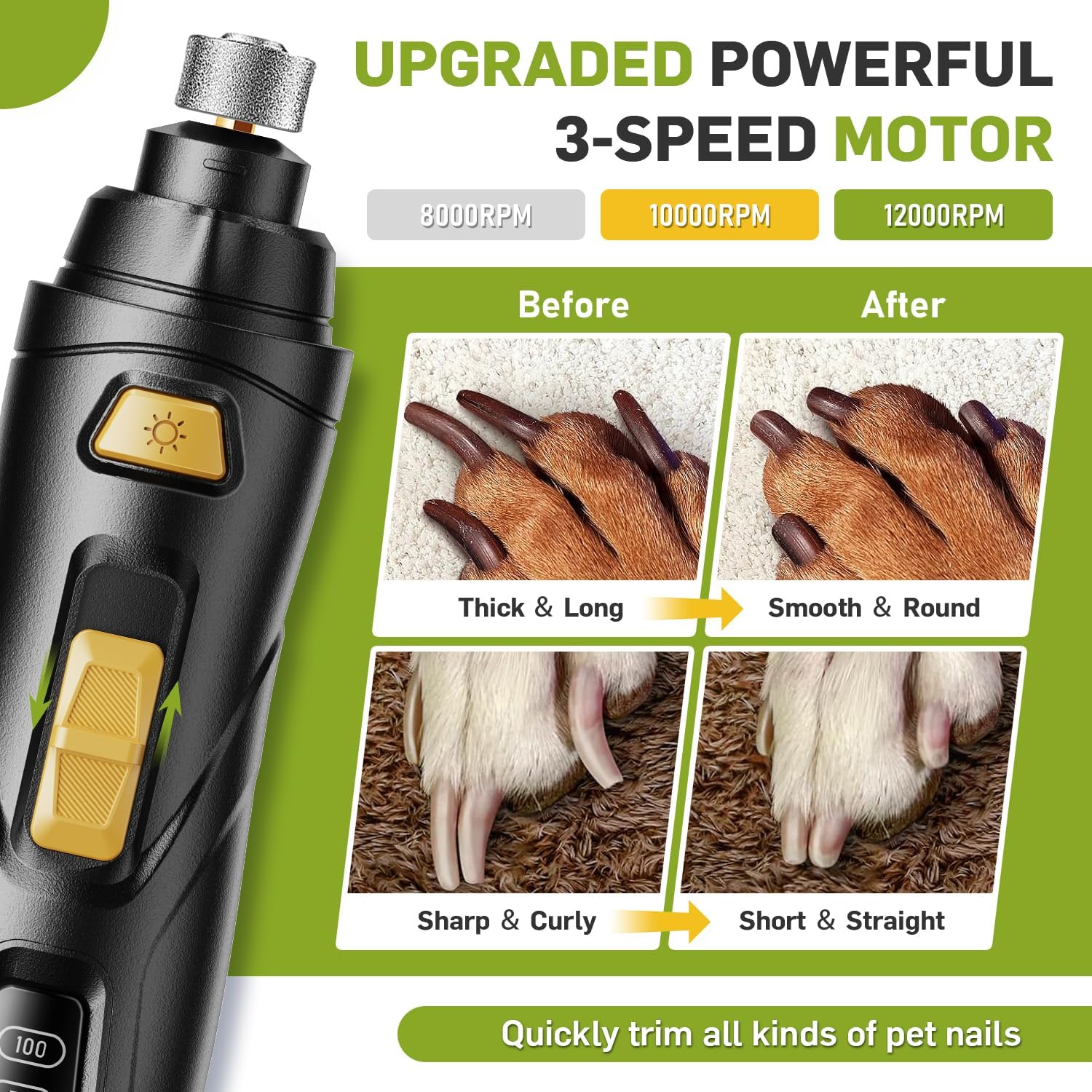 Rechargeable Super Quiet Dog Nail Grinder with 3 Wheels and LED Display for All Pets - Image 3