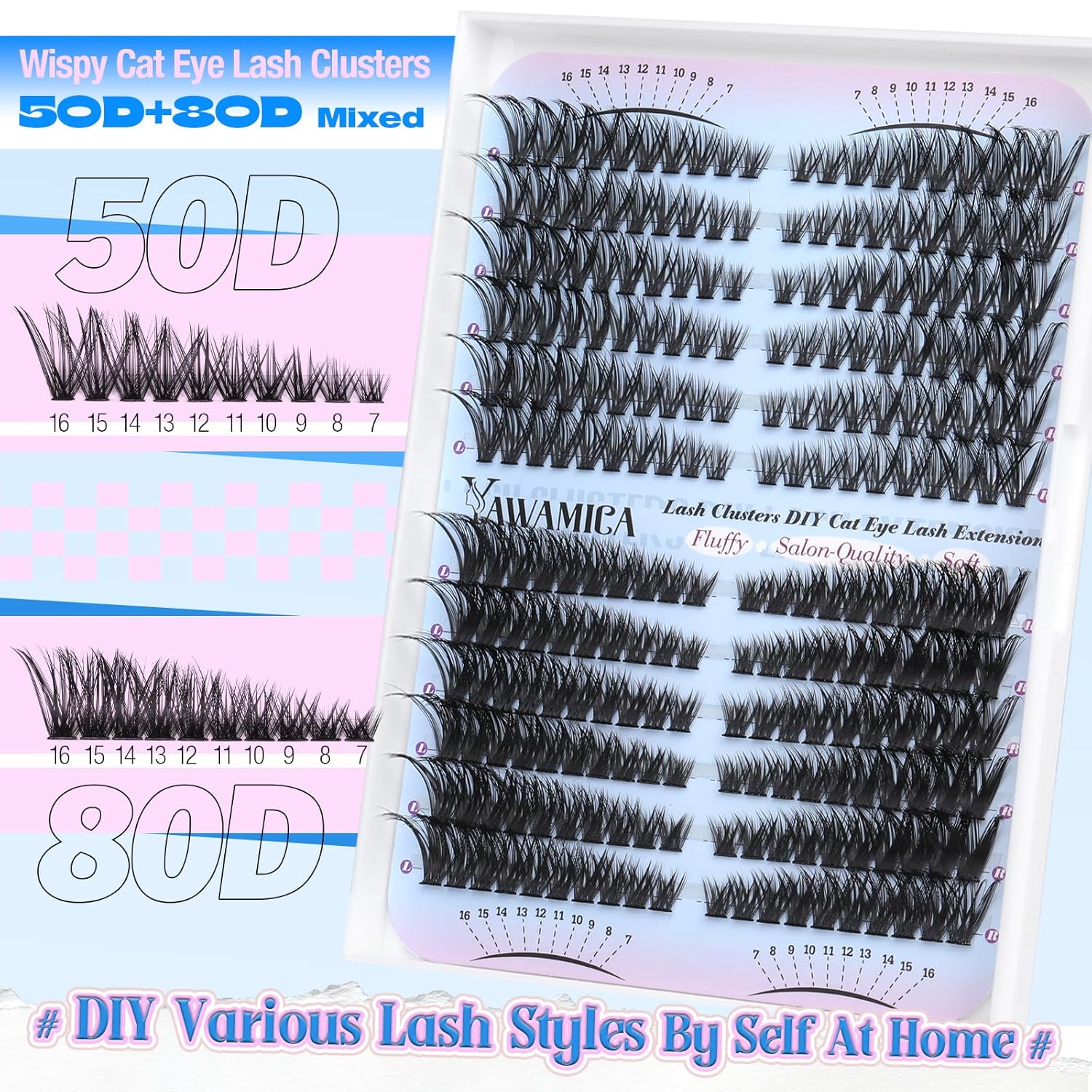 Yawamica 50D 80D Cat Eye Lash Extension Kit 240pcs Wispy Clusters 7-16mm - Image 2