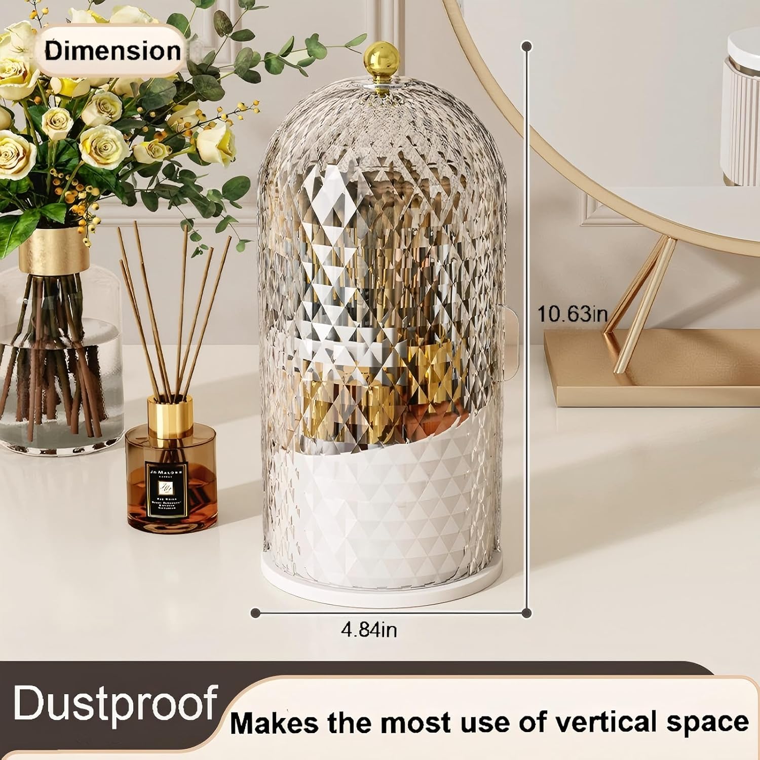 White 360 Rotating Makeup Brush Holder with Lid, Waterproof Vanity Storage Box - Image 7