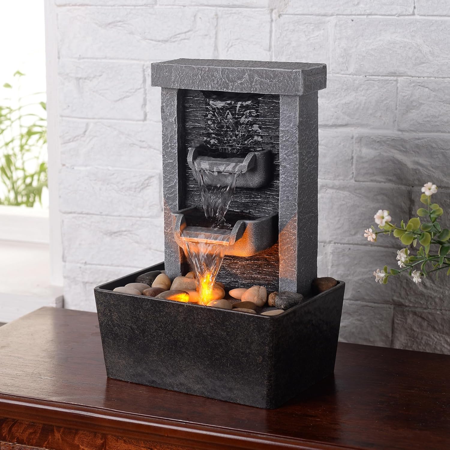 GOSSI 10.3 inch Indoor Waterfall Fountain with Reflective Lighting and River Rocks for Home and Office Decor - Image 5