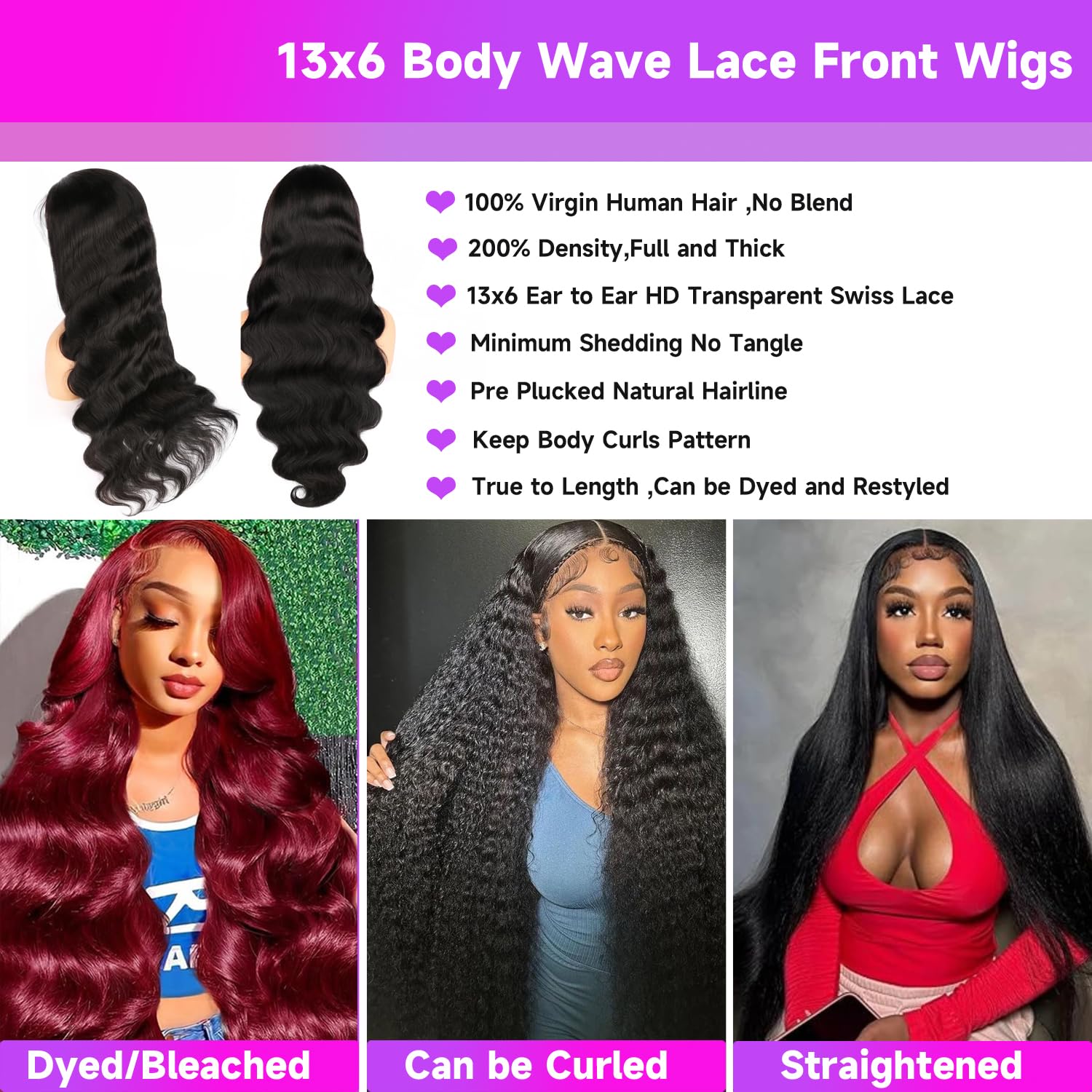 32 Inch 13x6 Body Wave Pre Plucked Natural Black Human Hair Lace Front Wig 200 Density - Image 5
