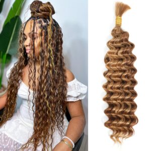 Human Braiding Hair 1 Bundle 50g 18 Inch Deep Wave Bulk Human Hair Highlight Ombre 27/30 Wet and Wavy Human Hair Bundles for Braiding No Weft 12A Brazilian Virgin Human Hair