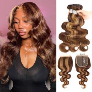 Honey Blonde Highlight Body Wave 3 Bundles with 5x5 Closure Human Hair 16 18 20+14, 12A 100% Brazilian Ombre Brown 5x5 HD Lace Closure with P4/27 Balayage Piano Colored Human Hair Bundles Remy