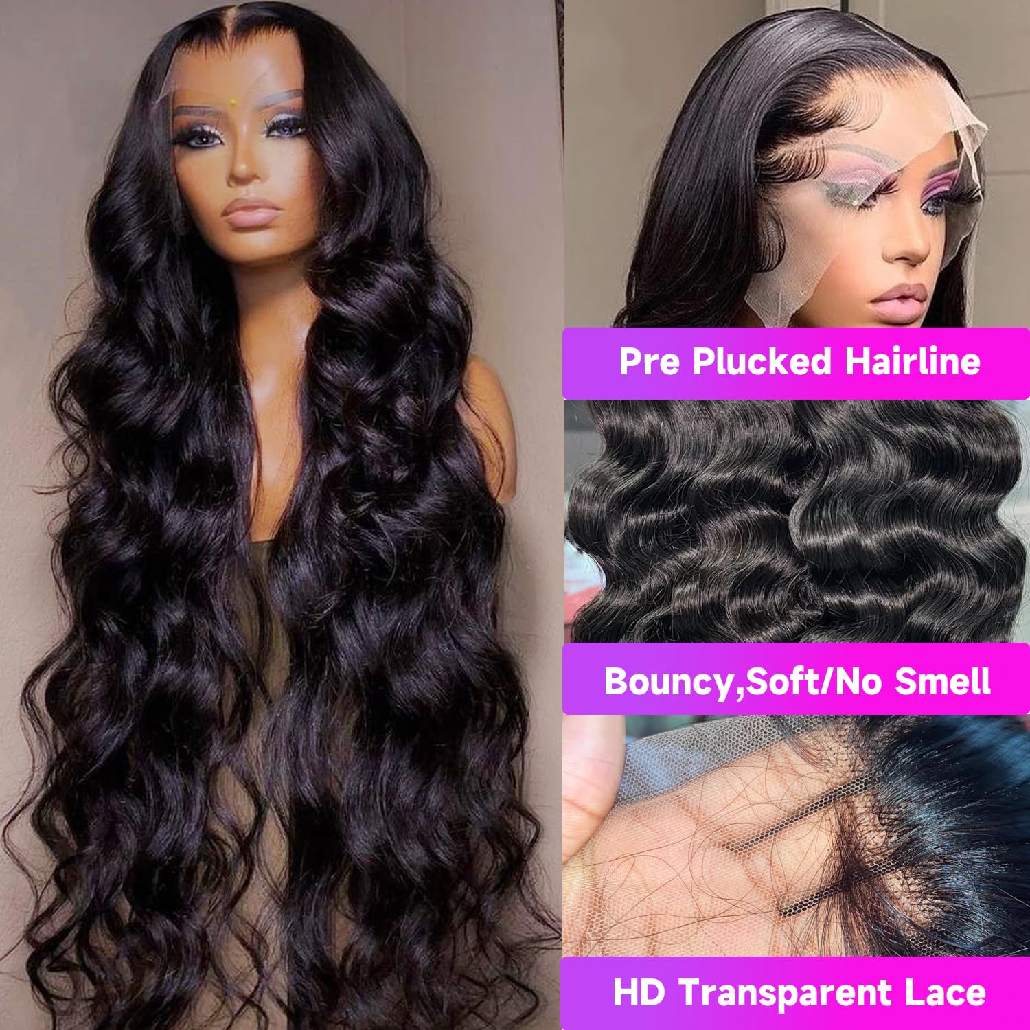 32 Inch 13x6 Body Wave Pre Plucked Natural Black Human Hair Lace Front Wig 200 Density - Image 2