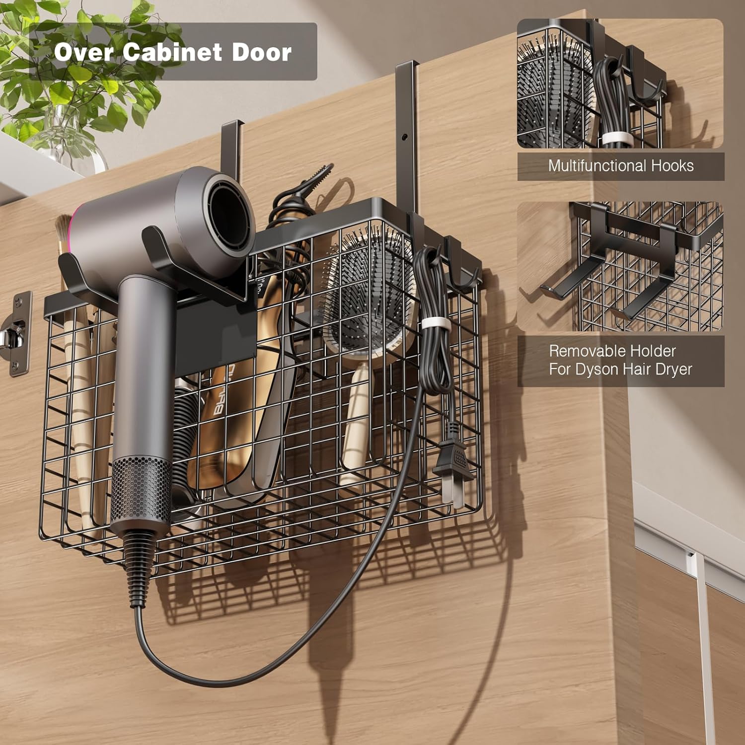Voldra Black Cabinet Door Hair Dryer Holder, Adjustable Wall Mount Organizer for Styling Tools - Image 5