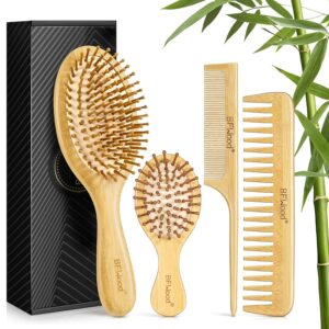 BFWood Bamboo Hair Brush Set, 4 PCS Natural Wooden Combs Paddle Detangling Hairbrush, Wide-tooth and Tail Comb and Mini Paddle Brush for Traveling, Suit for Women & Men