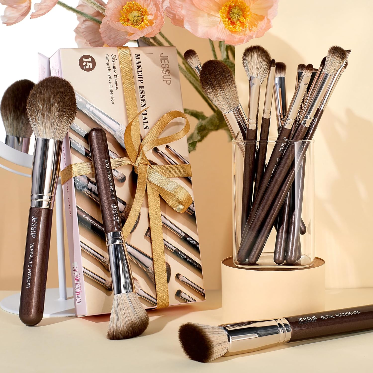 Jessup 15-Piece Brown Makeup Brush Set Premium Synthetic Brushes for All Needs - Image 6